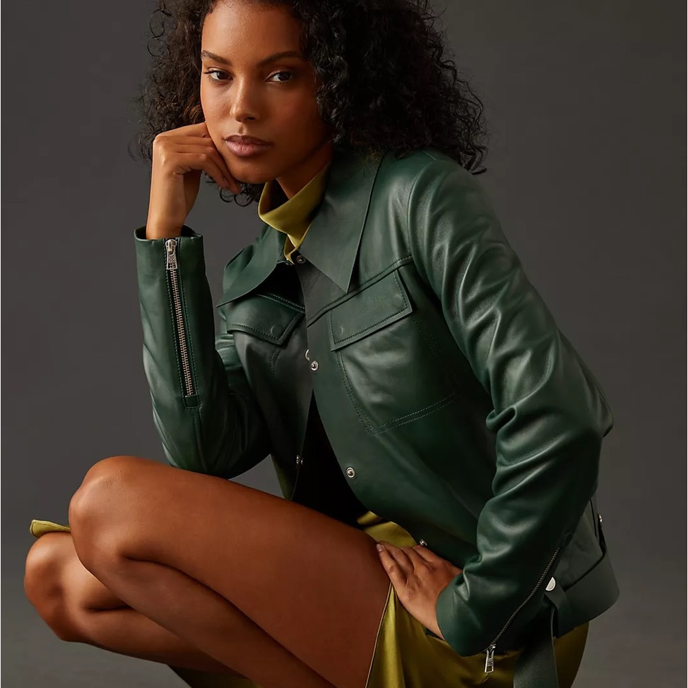 Soia & Kyo ANTHROPOLOGIE Rowen Lamb Leather Belted Jacket Juniper
